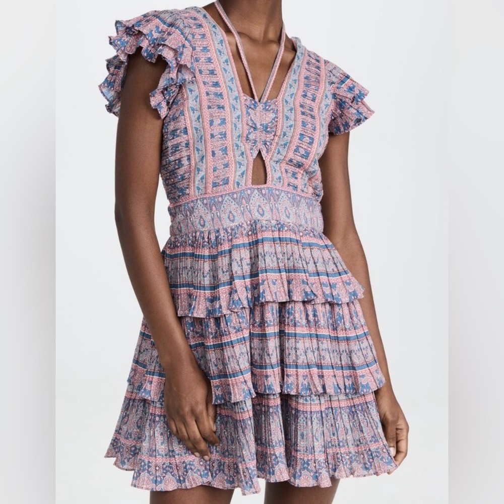 Sea New York Pink and Blue Ruffled V‑Neck Tiered Mini Dress
